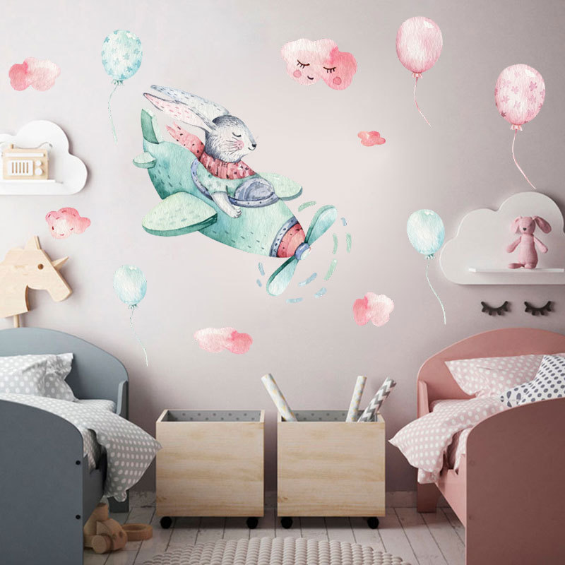 Cartoon Rabbit In Airplane Wall Decal Sleeping Rabbits On Moon Wallpaper Kid's Bedroom Mural Children's Room Decorative Sticker