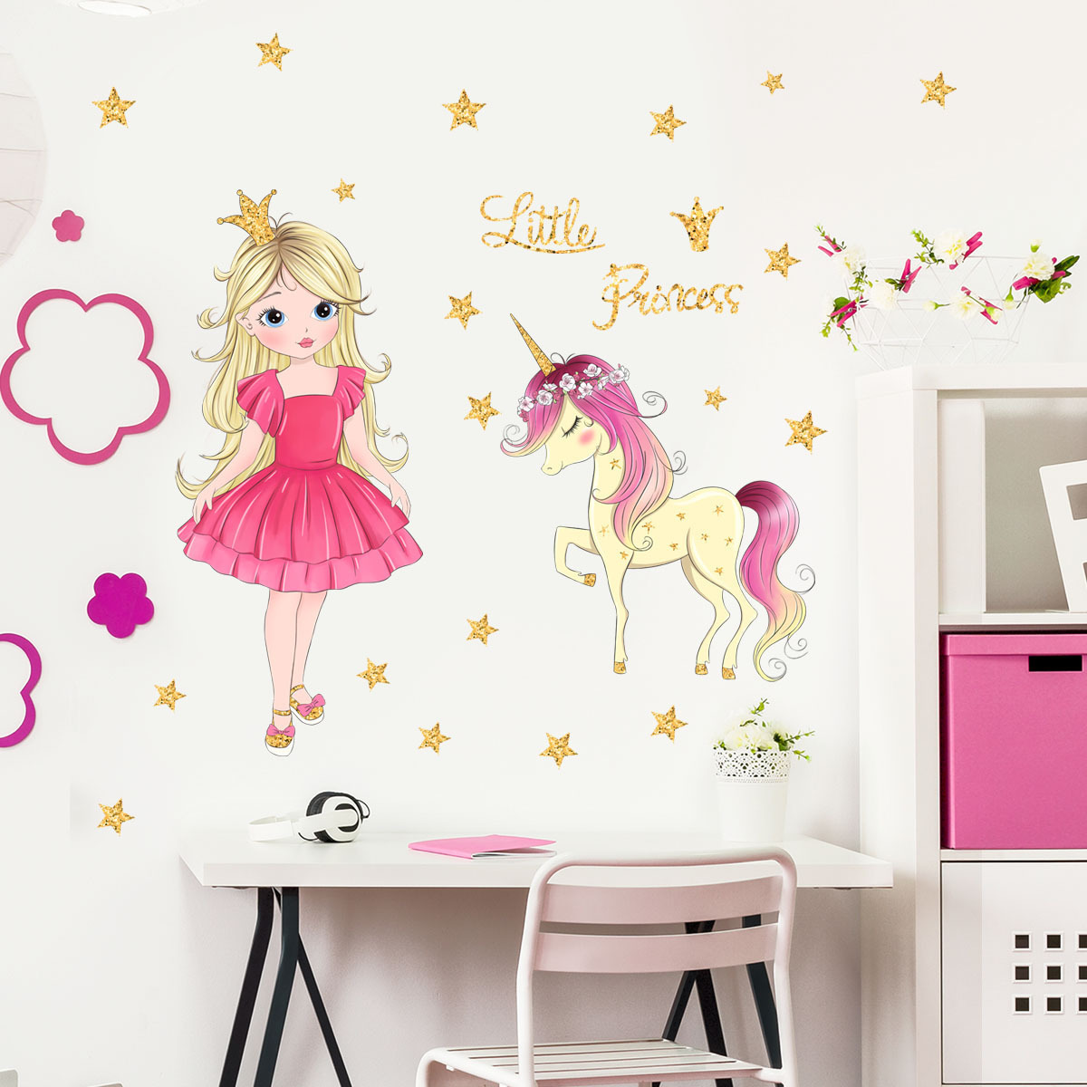 Gold Stars Pink Princess wildebeest wall stickers Living room children's bedroom decorative wallpaper self-adhesive stickers