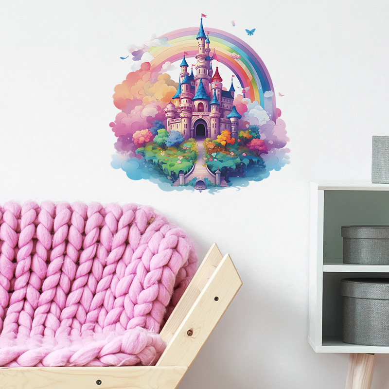 Cartoon painted castle Wall Sticker Dream Rainbow Castle Decals Living Room Decorative Wallpaper