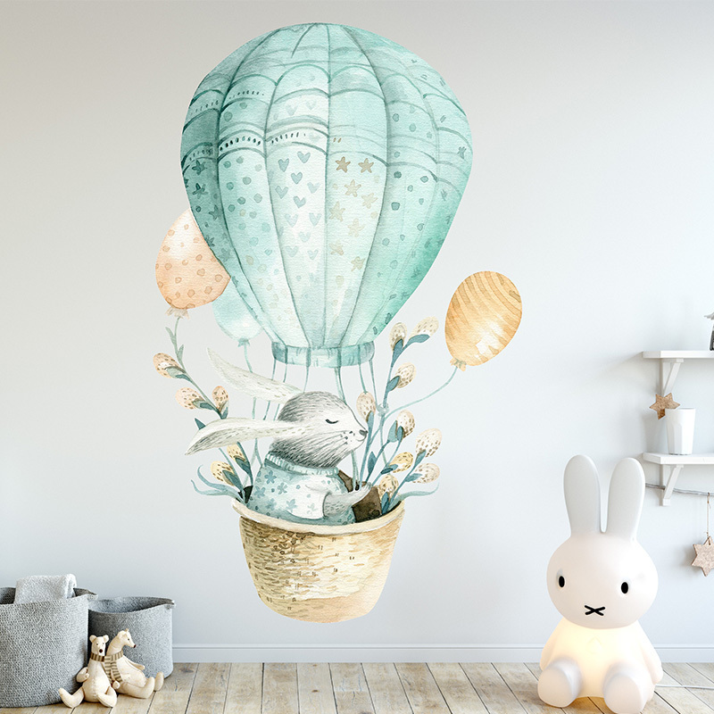 Green Hot Air Balloon With Rabbit Wall Stickers Cartoon Bunny Wallpaper For Kid's Bedroom Cute Kindergarten Wall Decal