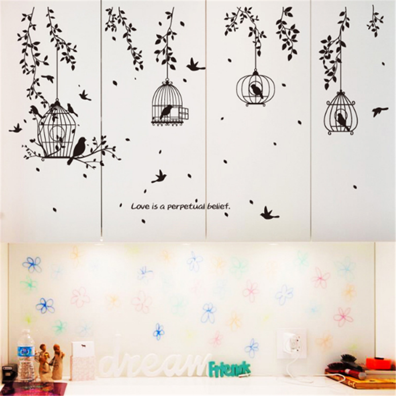 Blooming Flowers Birds Birdcage Stickers For Room Wall Creative Bedroom Home Decor Living Room Decorative Decals