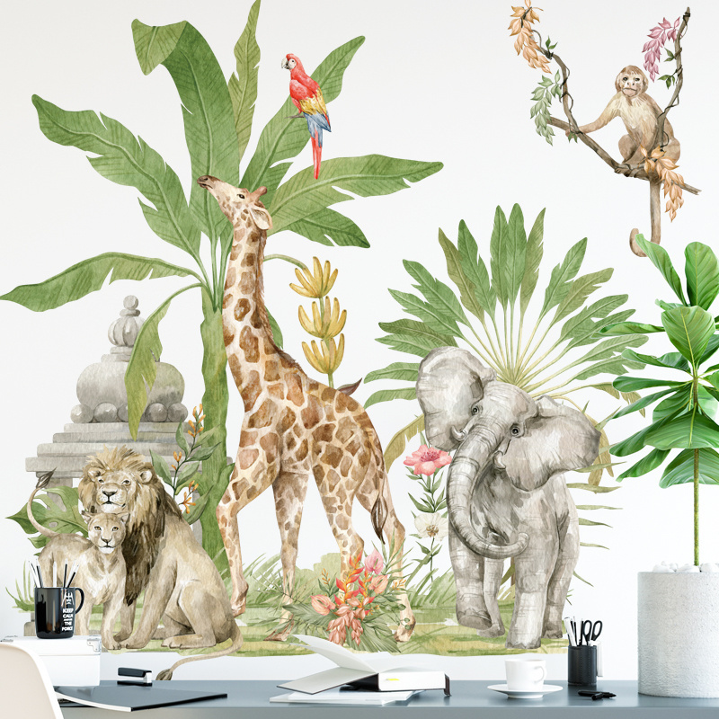 New Design Jungle Wall Sticker Elephant Lion Panda Murals Living Room Decorative Wallpaper Self Adhesive TV Background Decals