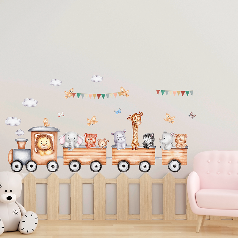 Cartoon Animals Train Sticker Creative Kid's Bedroom Wallpaper Self Adhesive Living Room Decorative Mural TV Background Decal