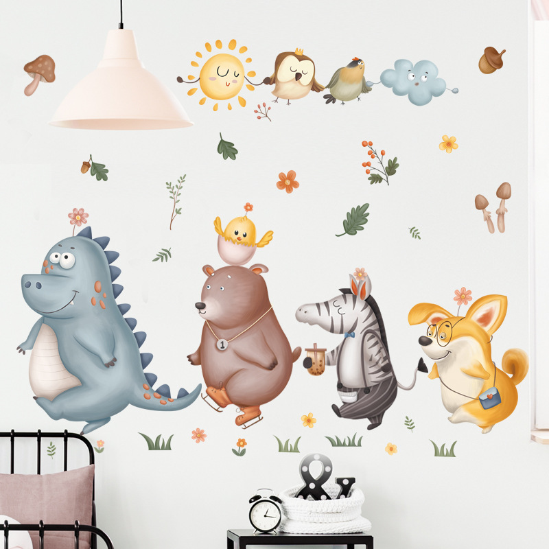 Cartoon Animal Combination Wall Sticker  Cartoon Dinosaur Zebra Bear Dog Bird Decals  Living Room Decorative Wallpaper