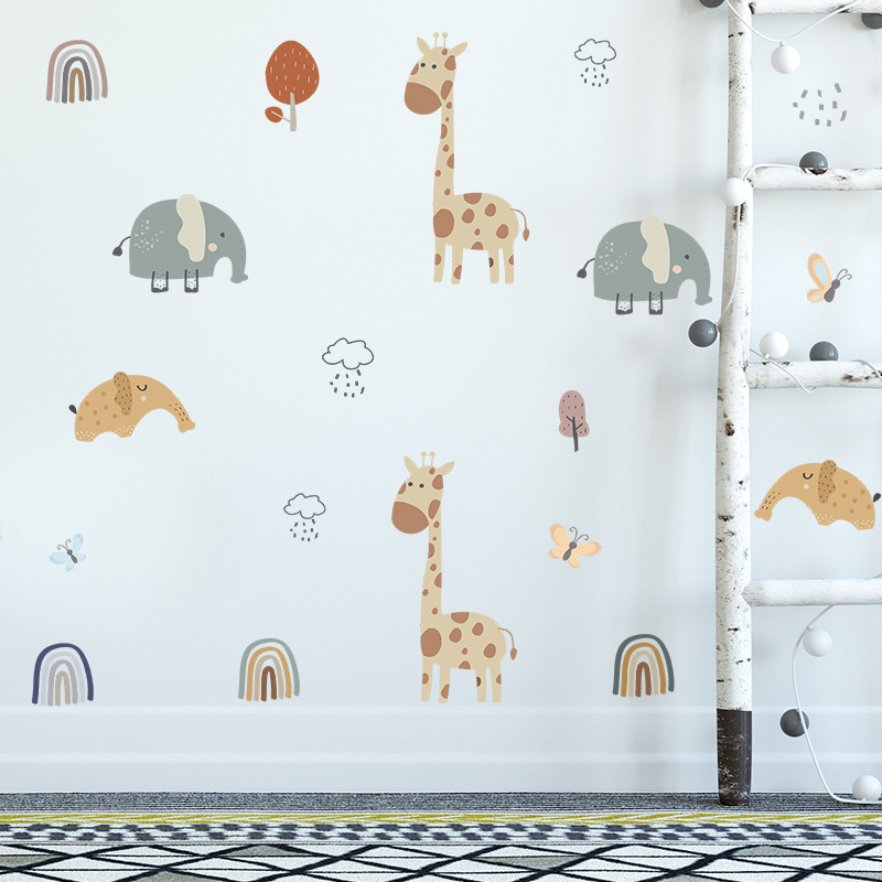 Giraffe Elephant Rainbow Cartoon Sticker Creative Kid's Room Wallpaper Mural Self Adhesive Baby's Living Room Decorative Decal