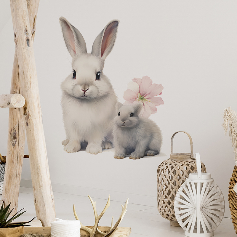 Cartoon cute little rabbit Wall Sticker Cute Little Rabbit Flower Decals Living Room Decorative Wallpaper