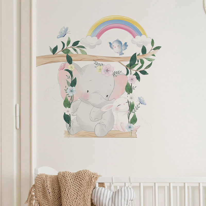 Rainbow elephant bunny swing PVC wall stickers Children's room living room decoration self-adhesive stickers cartoon wallpaper