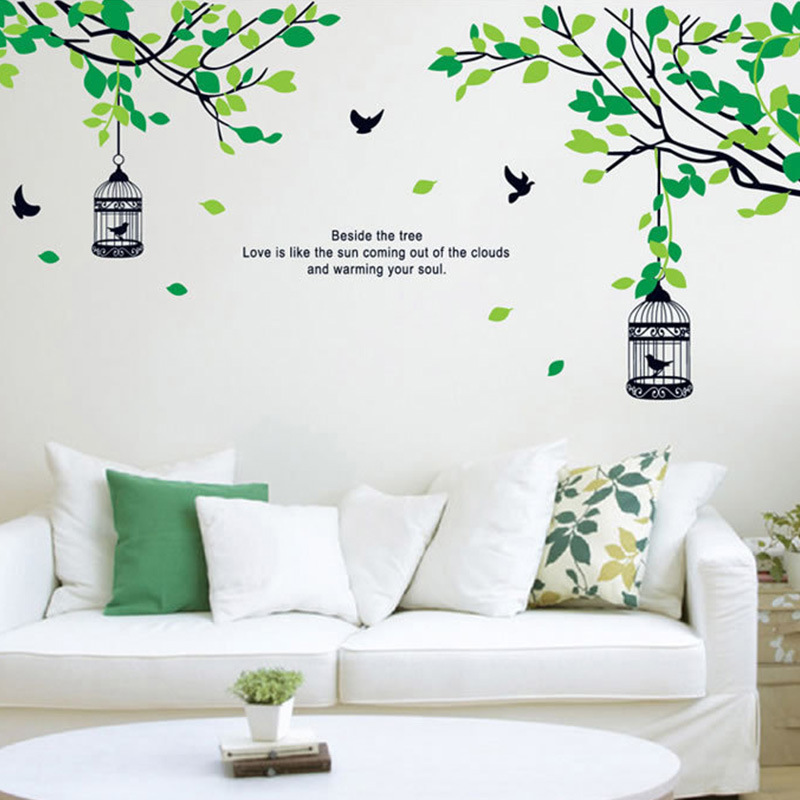 Forest Bird Cage Wall Sticker Green Small Fresh Bird Cage Decals Living Room Decorative Wallpaper