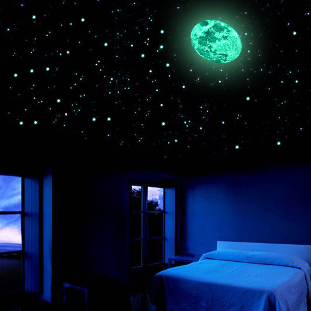 30cm Green Moon Wallpaper 3D Luminous Sticker Combination Five-pointed Star Glowing In The Dark Wall Decal For Living Room