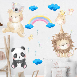 Cartoon Animals Lion Panda Bear Wall Stickers Blue Clouds Rainbow Wallpaper For Children' Room Kid's Bedroom Creative Wall Decal