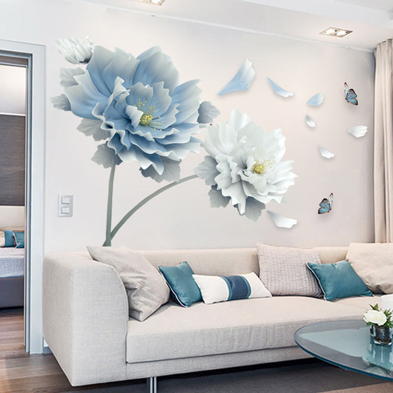 Light Blue And White Flowers Stickers For Room Wall Cute Butterfly Wallpaper For Living Room Creative TV Background Wall Mural