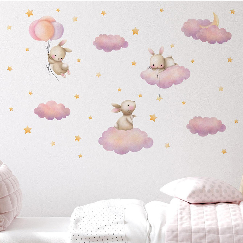 Dream Bunny Cloud Stars PVC wall stickers Baby bedroom living room decoration Self-adhesive stickers wallpaper