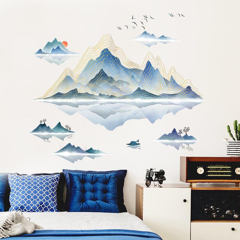 Chinoiserie elegant mountain and water painting Wall Sticker Chinoiserie ink painting Decals  Living Room Decorative Wallpaper