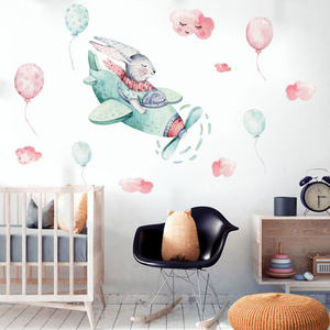 Cartoon Rabbit In Airplane Wall Decal Sleeping Rabbits On Moon Wallpaper Kid's Bedroom Mural Children's Room Decorative Sticker