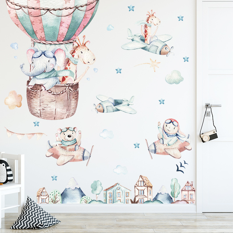 Cartoon Airplane In The Sky Wall Sticker Cute Hot Air Balloon Wallpaper For Kid's Bedroom Self Adhesive Kindergarten Wall Decal