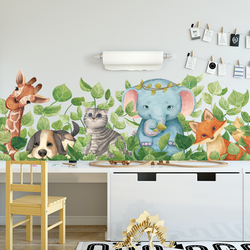 Cartoon Animal With Green Plant Leaves Wallpaper Fox Cat Dog Elephant Wall Sticker For Kindergarten Kid's Room Decor Wall Decal