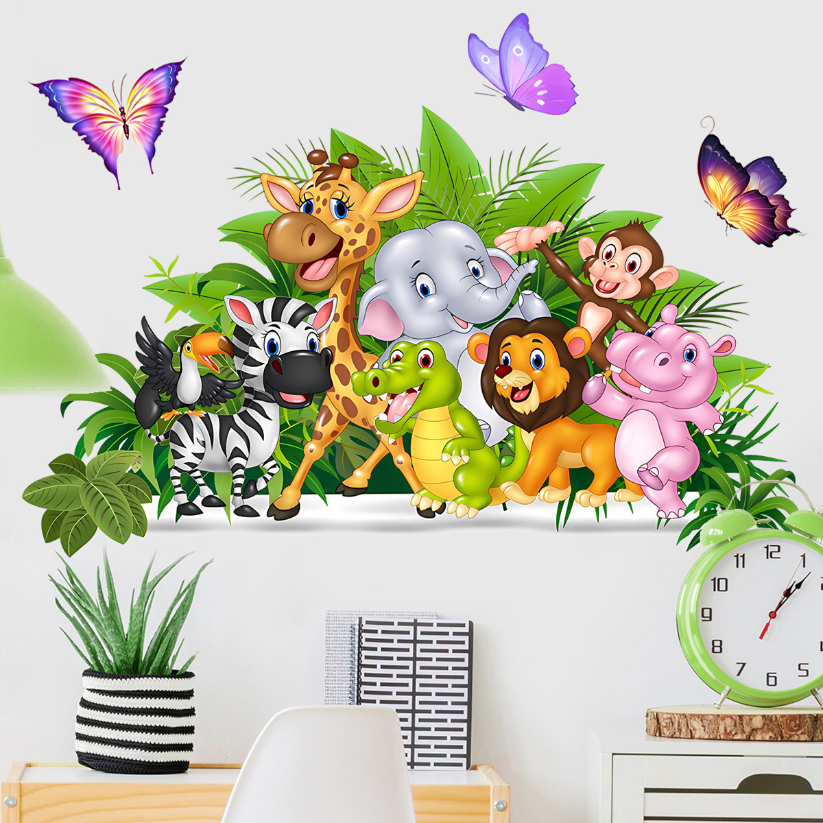 Cartoon Elephant Lion Animal Sticker Butterfly Parrot Children's Bedroom Classroom Wall Decoration Sticker Wallpaper