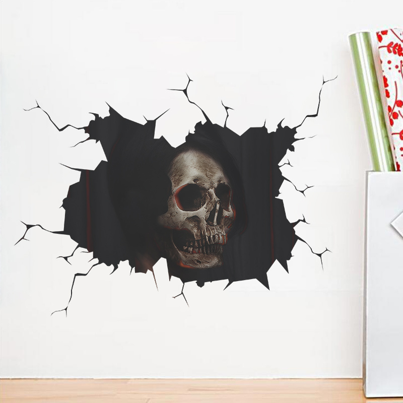 Halloween Wall Sticker 3D Broken Ghost Skull Decorative Wallpaper Scary Ghostly Murals Self Adhesive Festival Window Decal