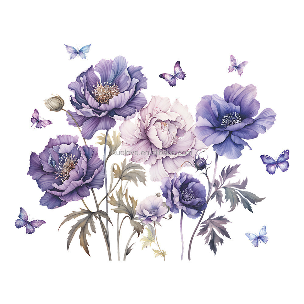 Beautiful Painted Purple flowers Butterfly wall stickers Living room bedroom decoration stickers self-adhesive PVC wallpaper