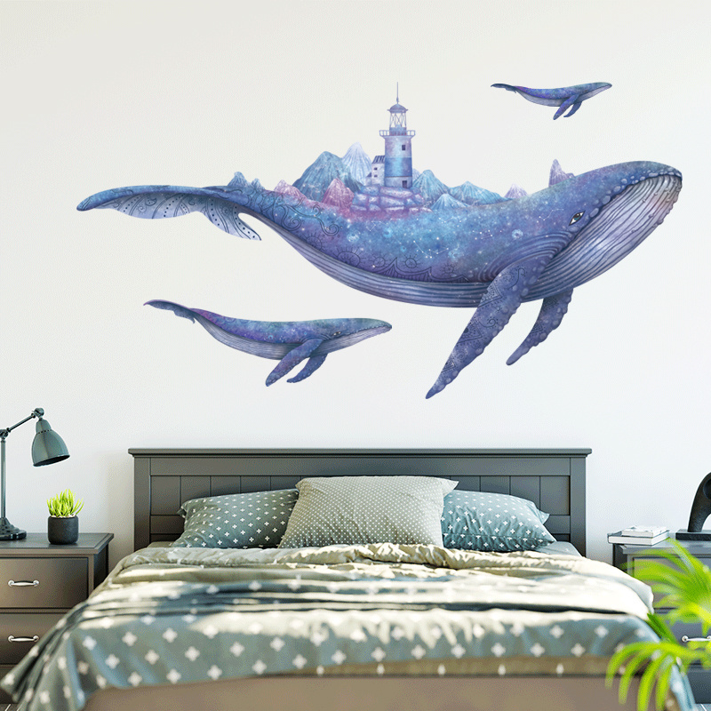 Cartoon Blue Whale Wall Stickers Deep-sea Fish Wallpaper lighthouse Sticker Home Decoration For Living Room Bedroom Wall Decal