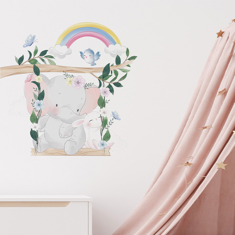 Rainbow elephant bunny swing PVC wall stickers Children's room living room decoration self-adhesive stickers cartoon wallpaper