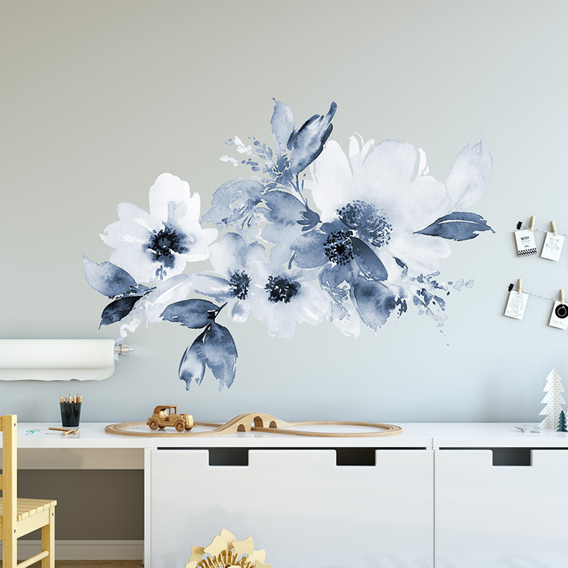 Light White and Blue Painting Floral Wall Sticker Nordic Style Flowers Wallpaper For Women Bedroom Living Room Wall Decal