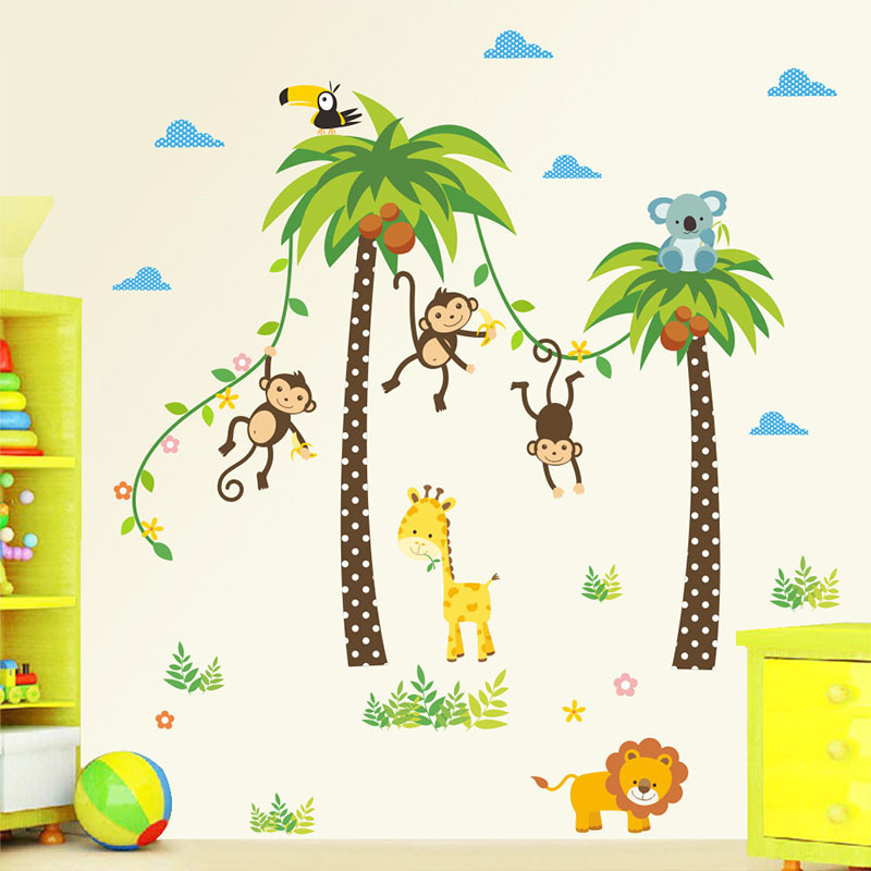 Green Coconut Tree Wallpaper Cartoon Monkey Lion Giraffe Stickers Tropical Plant Wall Decal For Kid's Bedroom