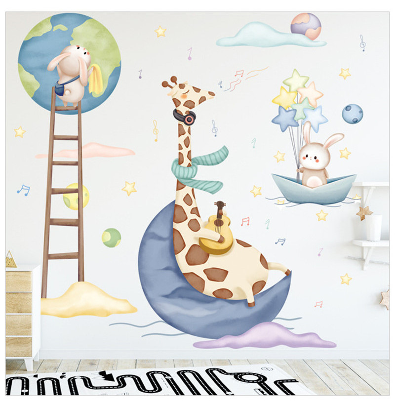 Cartoon Animal Cute Stickers Earth Moon Giraffe Bunny Wall Decal Children's Room Decorative Self-adhesive Wallpaper