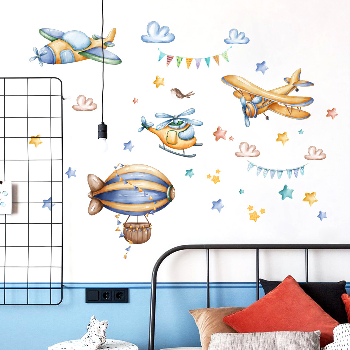 Cartoon old-fashioned airplane hot air balloon Wall Sticker Clouds stars flags Decals Living Room Decorative Wallpaper