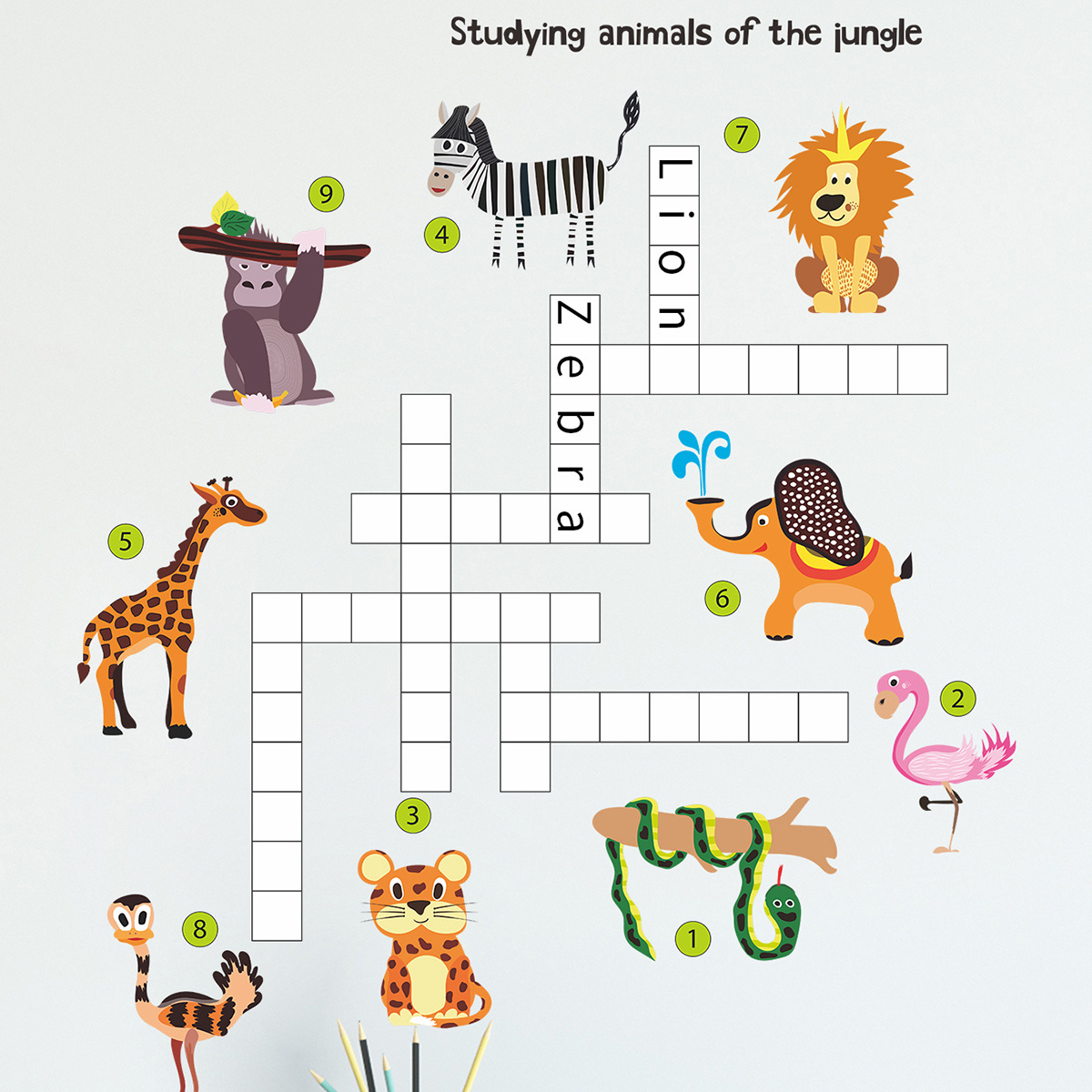 Studying Animals Of The Jungle Sticker Creative Animal English Letters Wallpaper Kid's Bedroom Wall Decal TV Background Mural