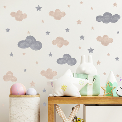 Cartoon Cloud Stars Wall Stickers Kid's Living Room Wallpapers Creative Children Bedroom Decal Self Adhesive TV Background Mural