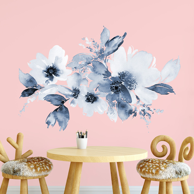 Light White and Blue Painting Floral Wall Sticker Nordic Style Flowers Wallpaper For Women Bedroom Living Room Wall Decal