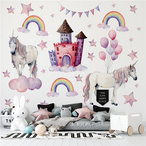 Two White Horse Unicorn Wall Sticker Pink Balloons Stars Rainbow Castle Wall Decal For Girl's Living Room Bedroom Wallpaper