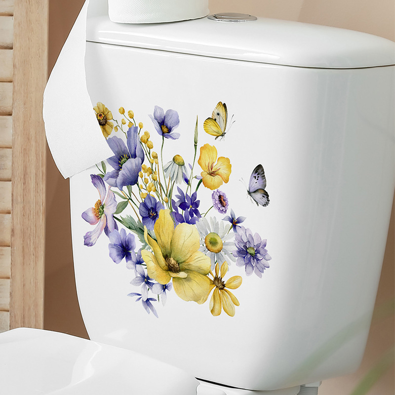 Daisy yellow small flower butterfly toilet wall sticker bathroom bathtub decoration wallpaper self-adhesive PVC sticker