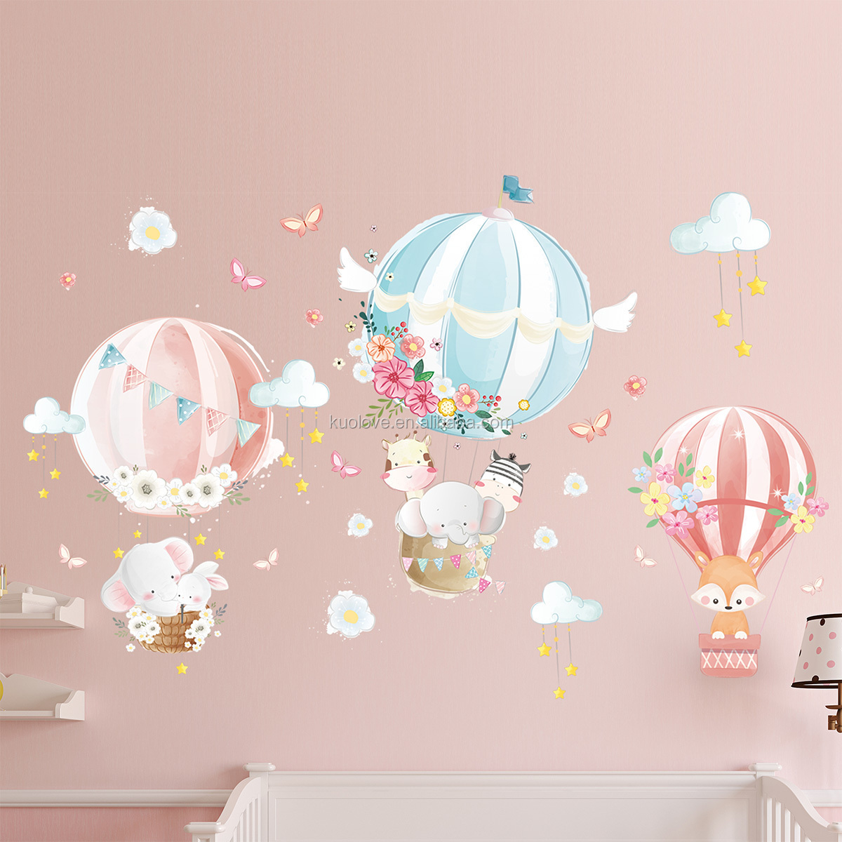 Light Pink Blue Hot Air Balloon Wall Stickers Cartoon Calf Elephant Fox Wallpaper For Kid's Bedroom Warm Home Decoration