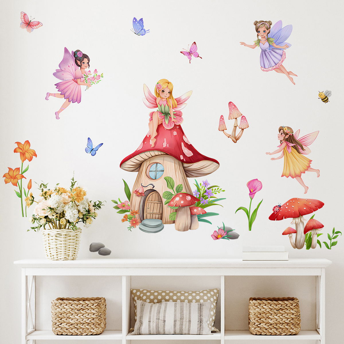 Cartoon mushroom house fairy flower wall stickers Children's bedroom living room decoration wallpaper self-adhesive stickers