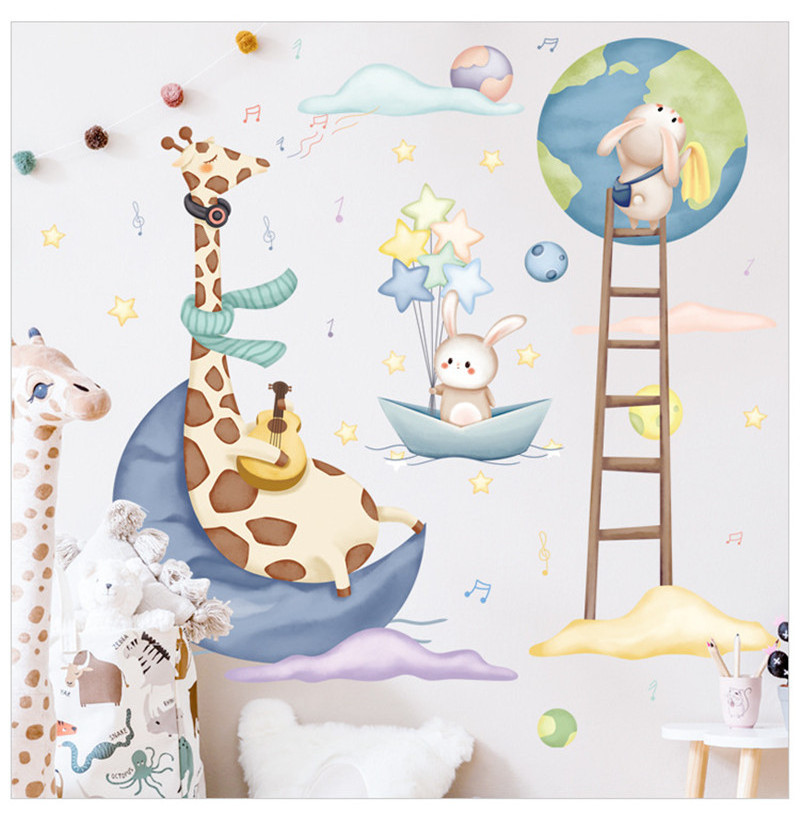 Cartoon Animal Cute Stickers Earth Moon Giraffe Bunny Wall Decal Children's Room Decorative Self-adhesive Wallpaper