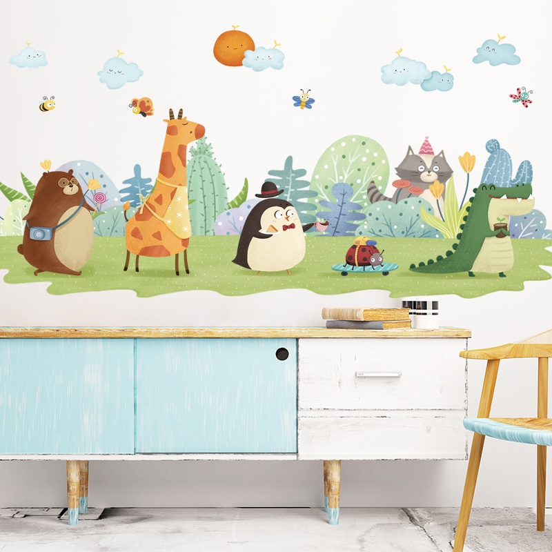 Cartoon Animal Wallpaper Dinosaur Giraffe Penguin PVC Removable Wall Sticker For Kindergarten Children's Room Decor Wall Decal