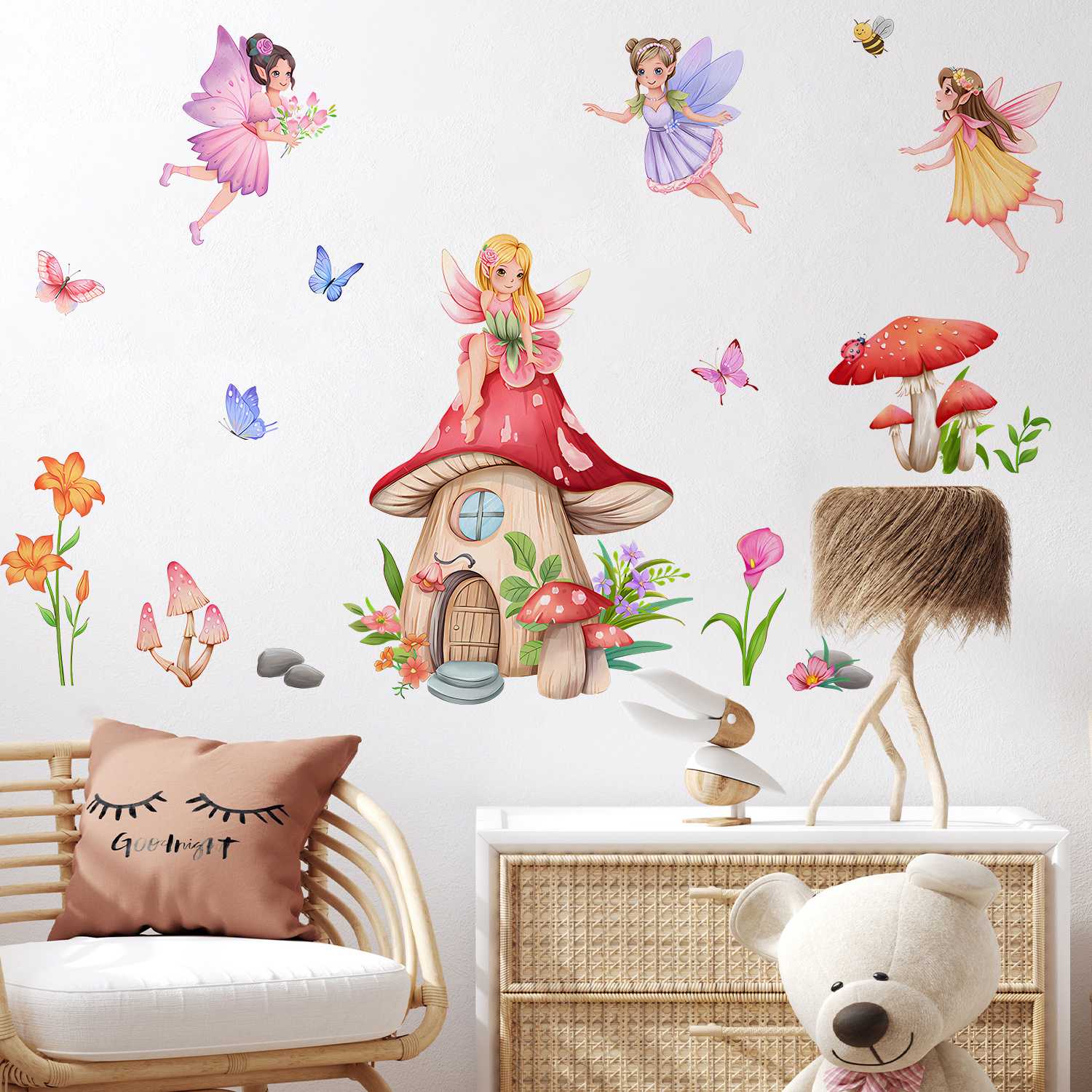 Cartoon mushroom house fairy flower wall stickers Children's bedroom living room decoration wallpaper self-adhesive stickers