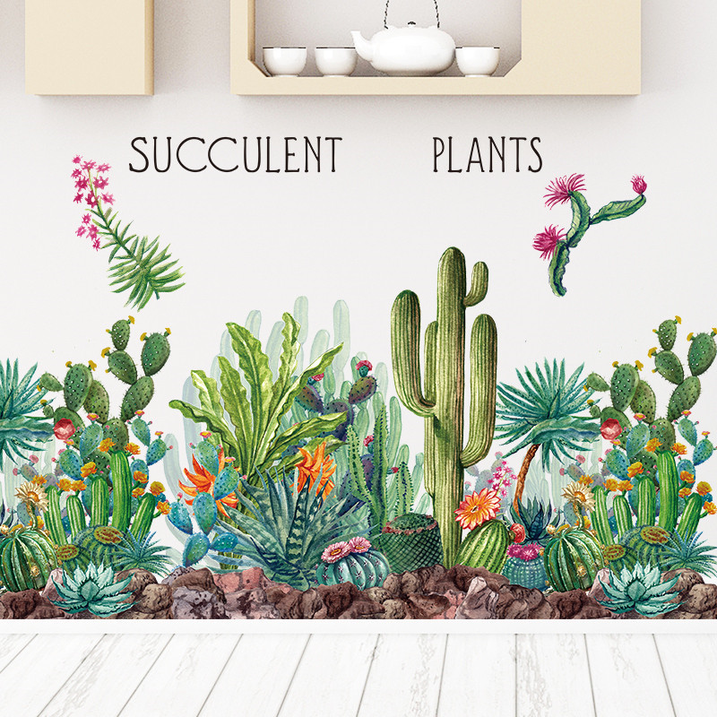 Succulent Plants Wall Sticker Green Plant Cactus Wallpaper Home Decoration For Living Room Bedroom Self Adhesive Wall Decal