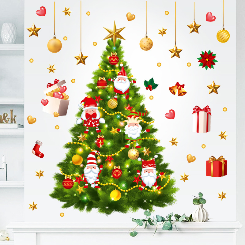 Christmas Wall Stickers Xmas Tree Handing Gifts Box Wallpaper Festival Window Decal Self Adhesive Living Room Decorative Murals