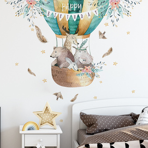 Cartoon Hippo Bear Sika Deer in Hot Air Balloon Wall Stickers Creative Kid's Bedroom Living Room Wallpaper Removable Wall Decal