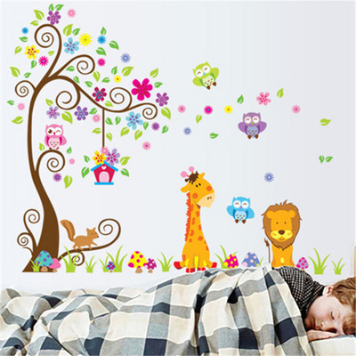 Colorful Flower And Green Leaves Tree Wall Sticker Cartoon Animals Wallpaper Home Decor For Kid's living Room Bedroom Wall Decal