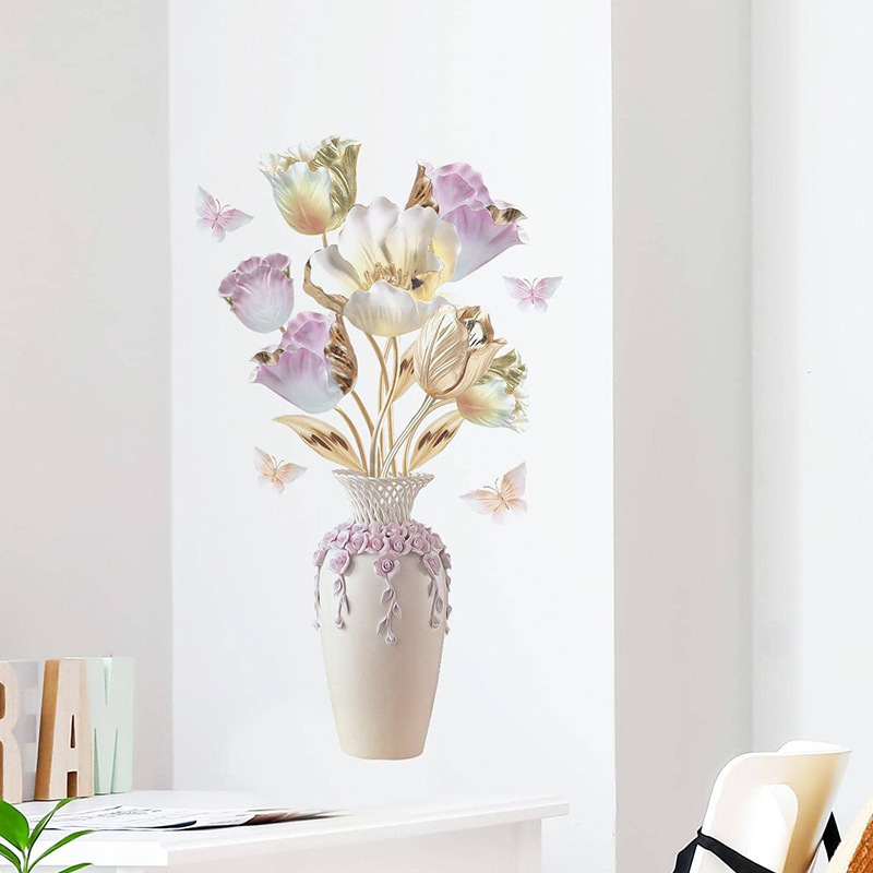 Simulated three-dimensional relief vase Wall Sticker 3D relief vase flowers Decals  Living Room Decorative Wallpaper