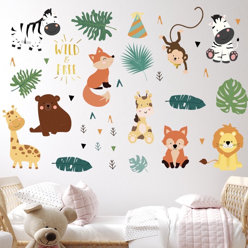 Forest Animals Wall Sticker Cartoon Fox Monkey Lion Bedroom Wallpaper Self Adhesive TV Background Decal Living Room Mural