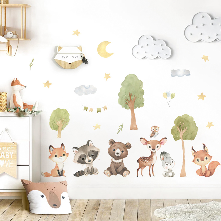 Forest Animals Wall Sticker Fox Rabbit Bear Sika Deer Wallpaper Creative Bedroom Decals Living Room Decorative Cartoon Murals