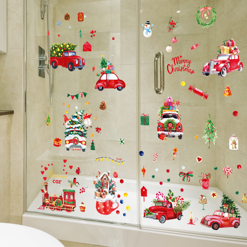 Hot Sale Christmas Party Sticker Red Cars Xmas Tree Decorative Wallpaper Self Adhesive Festival Supply Window Wall Decal