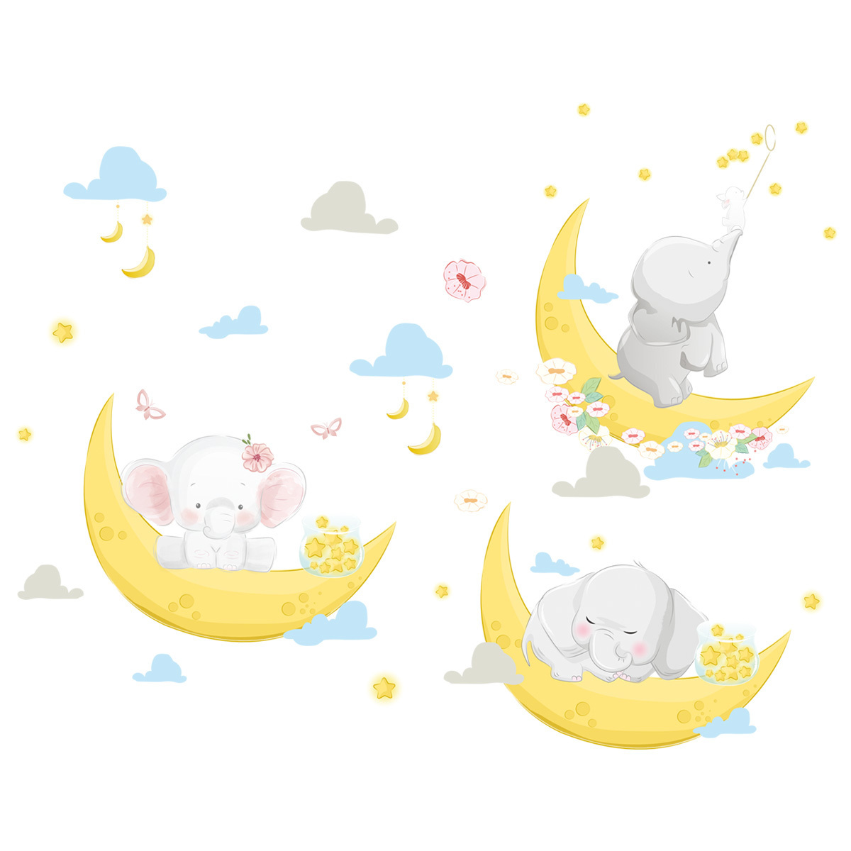 Cartoon Calf Elephant With The Moon Wall Sticker White Blue Clouds Wallpaper For Kid's Room Warm Bedroom Home Decor Wall Decal