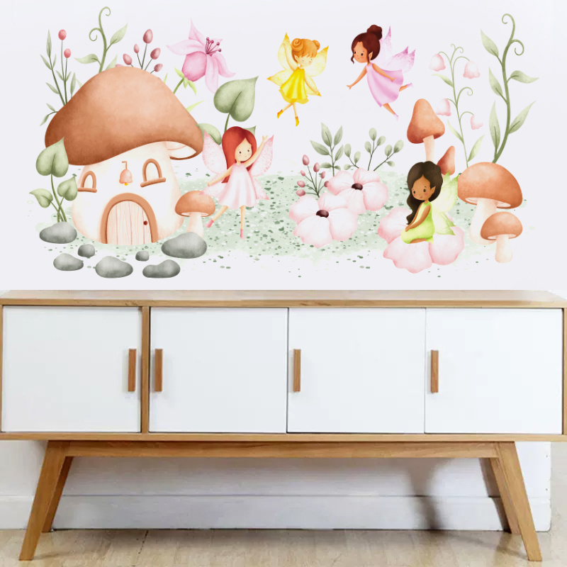 Flower Fairy Wall Sticker Flowers Mushroom House Wallpaper Creative Bedroom Decals Living Room Decorative Murals