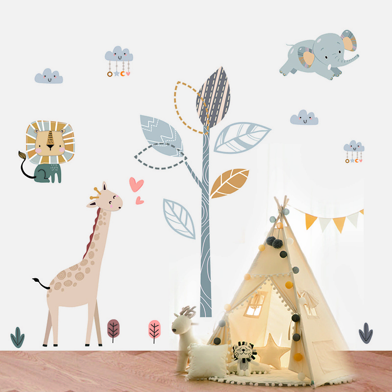 Cartoon Giraffe Elephant Wall Sticker Self Adhesive Cute Decals Creative Kid's Bedroom Wallpaper Children's Decorative Murals